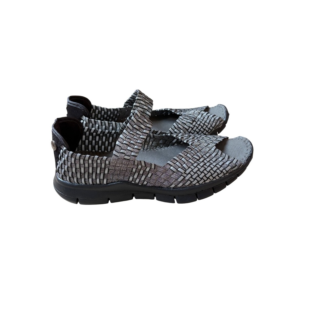 Bernie Mev Women Silver Black Woven Elastic Mary Jane Open Toe Sandals Size 38